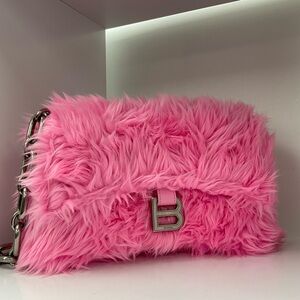 Balenciaga Pink Faux Fur Shoulder Bag with Chain Strap